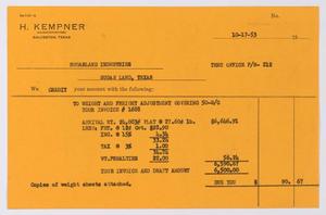 [Invoice to Weight and Freight Adjustment for Sugarland Industries, October 17, 1953]
