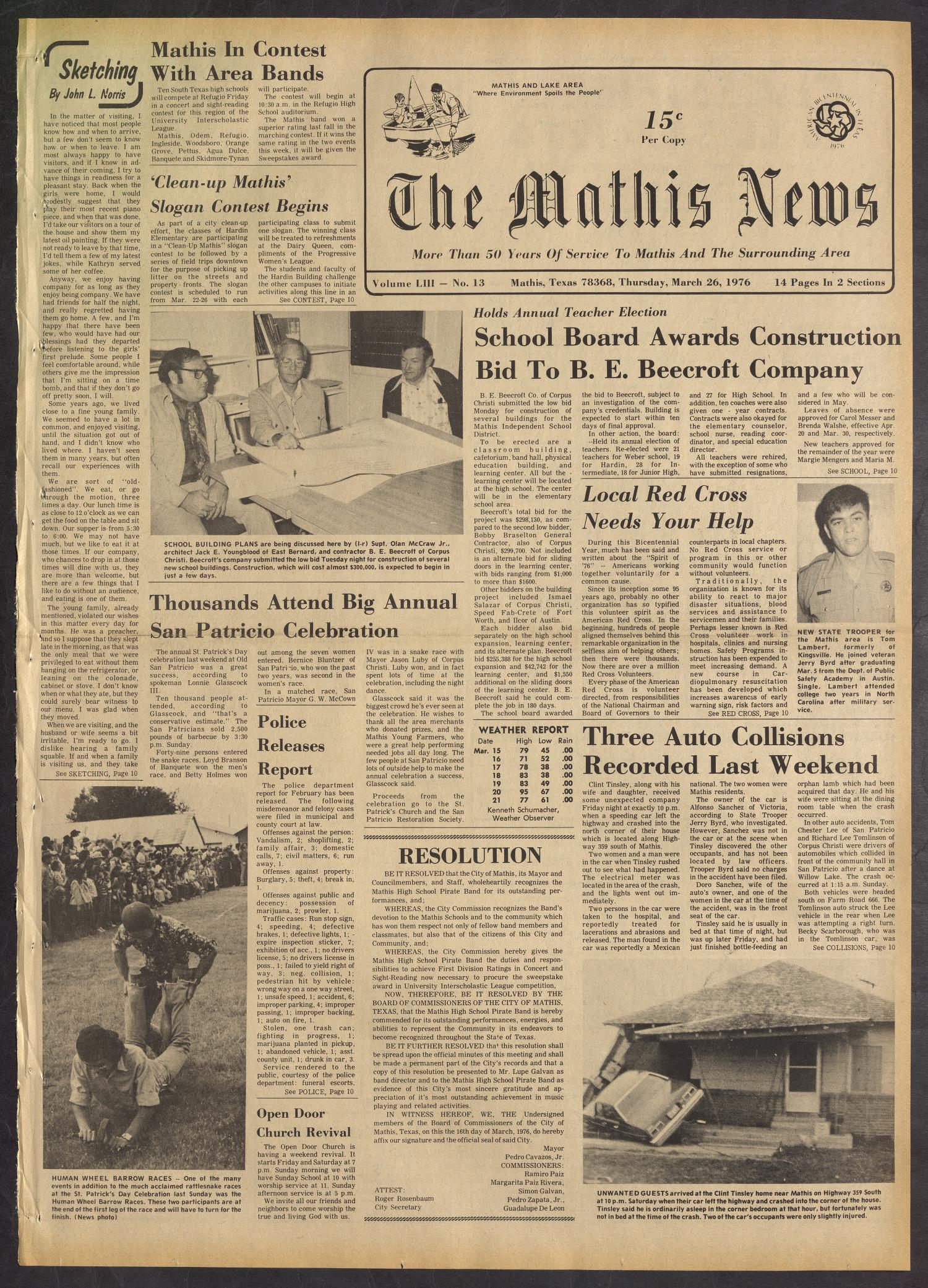 The Mathis News (Mathis, Tex.), Vol. 53, No. 13, Ed. 1 Thursday, March 25, 1976
                                                
                                                    [Sequence #]: 1 of 14
                                                