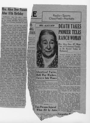 [Newspaper Clipping: Death Takes Pioneer Texas Ranch Woman]