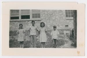 Primary view of object titled '[Four Eanes Rock Schoolhouse Students]'.