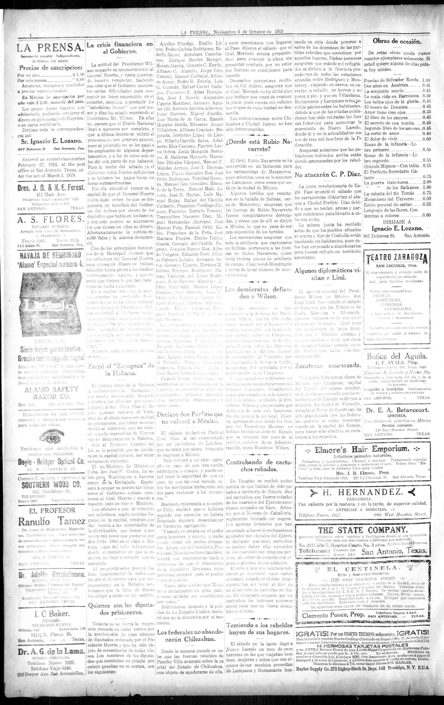 La Prensa. (San Antonio, Tex.), Vol. 1, No. 39, Ed. 1 Thursday, November 6, 1913
                                                
                                                    [Sequence #]: 4 of 8
                                                