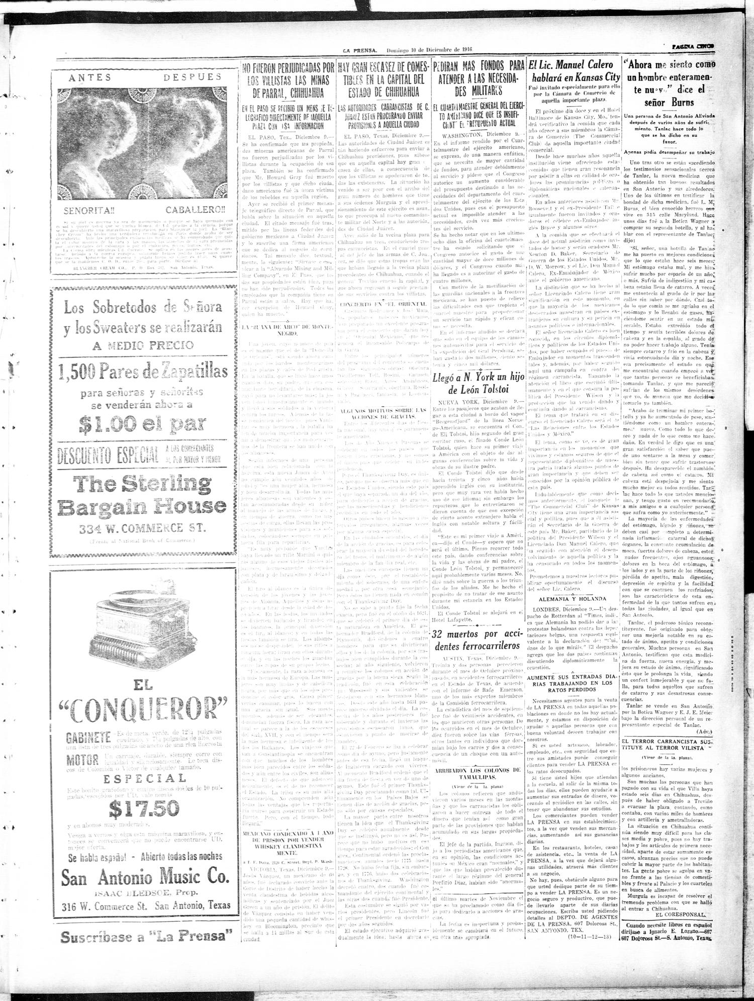La Prensa (San Antonio, Tex.), Vol. 4, No. 755, Ed. 1 Sunday, December 10, 1916
                                                
                                                    [Sequence #]: 5 of 8
                                                
