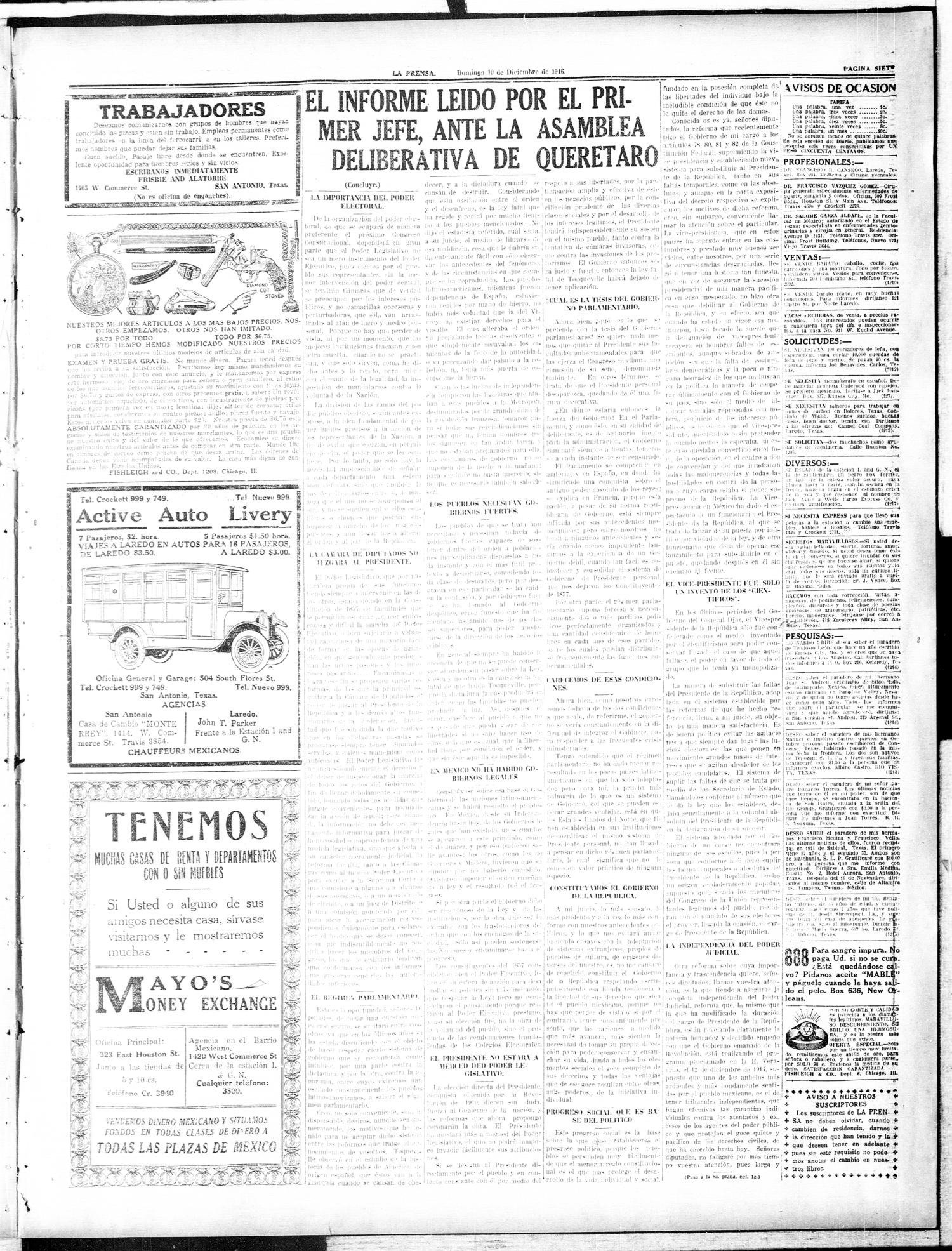 La Prensa (San Antonio, Tex.), Vol. 4, No. 755, Ed. 1 Sunday, December 10, 1916
                                                
                                                    [Sequence #]: 7 of 8
                                                