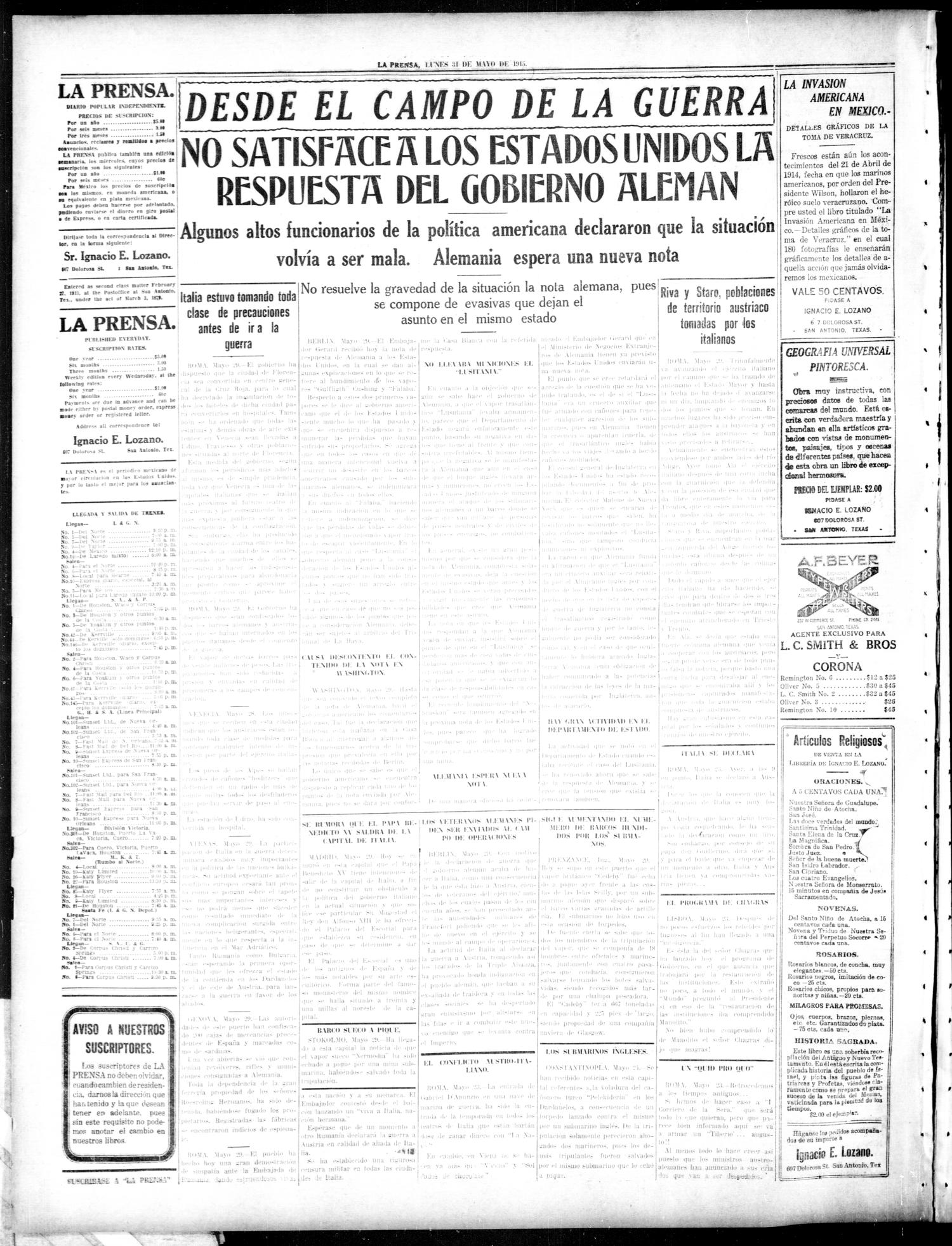 La Prensa (San Antonio, Tex.), Vol. 3, No. 203, Ed. 1 Monday, May 31, 1915
                                                
                                                    [Sequence #]: 2 of 8
                                                