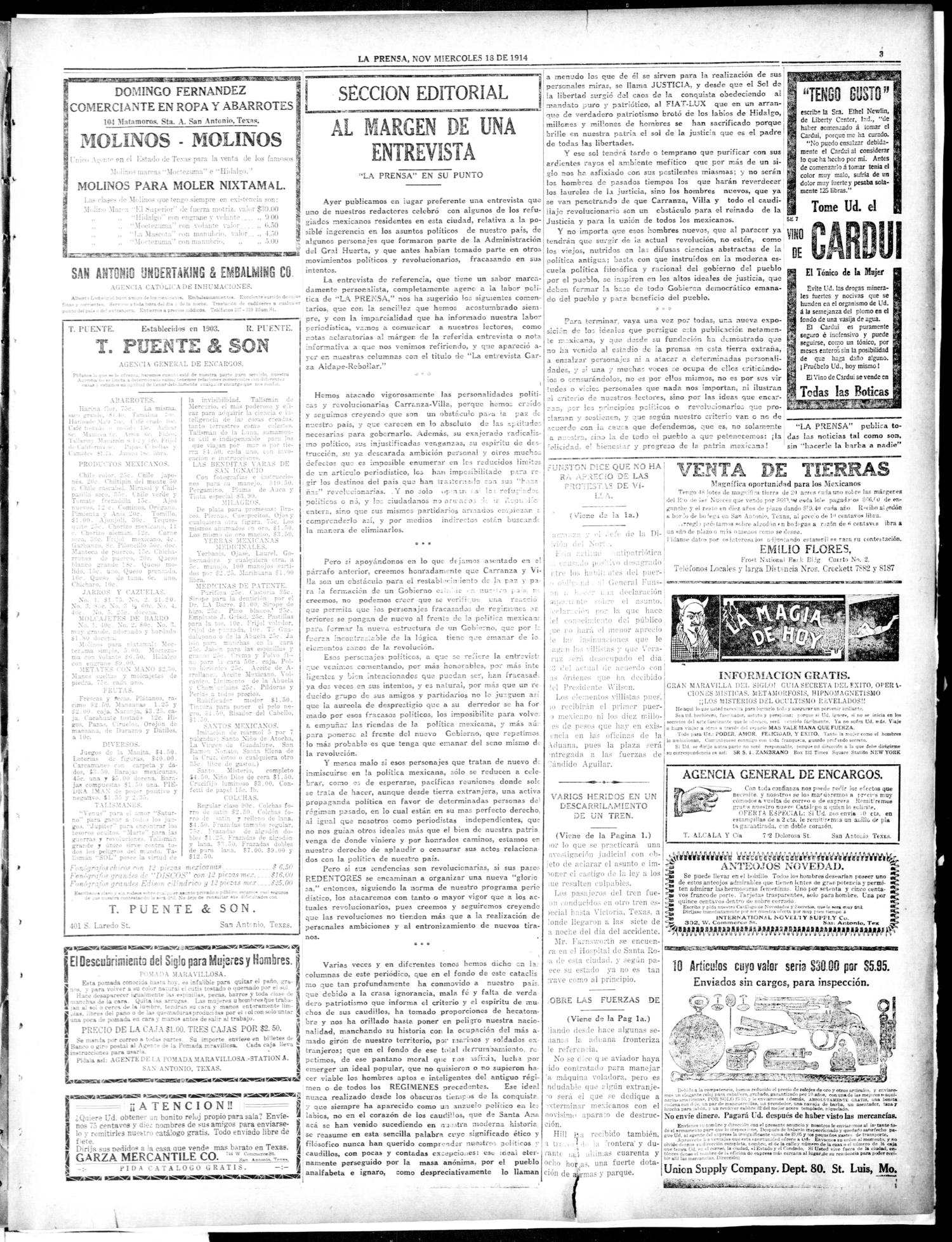 La Prensa. (San Antonio, Tex.), Vol. 2, No. 33, Ed. 1 Wednesday, November 18, 1914
                                                
                                                    [Sequence #]: 3 of 8
                                                