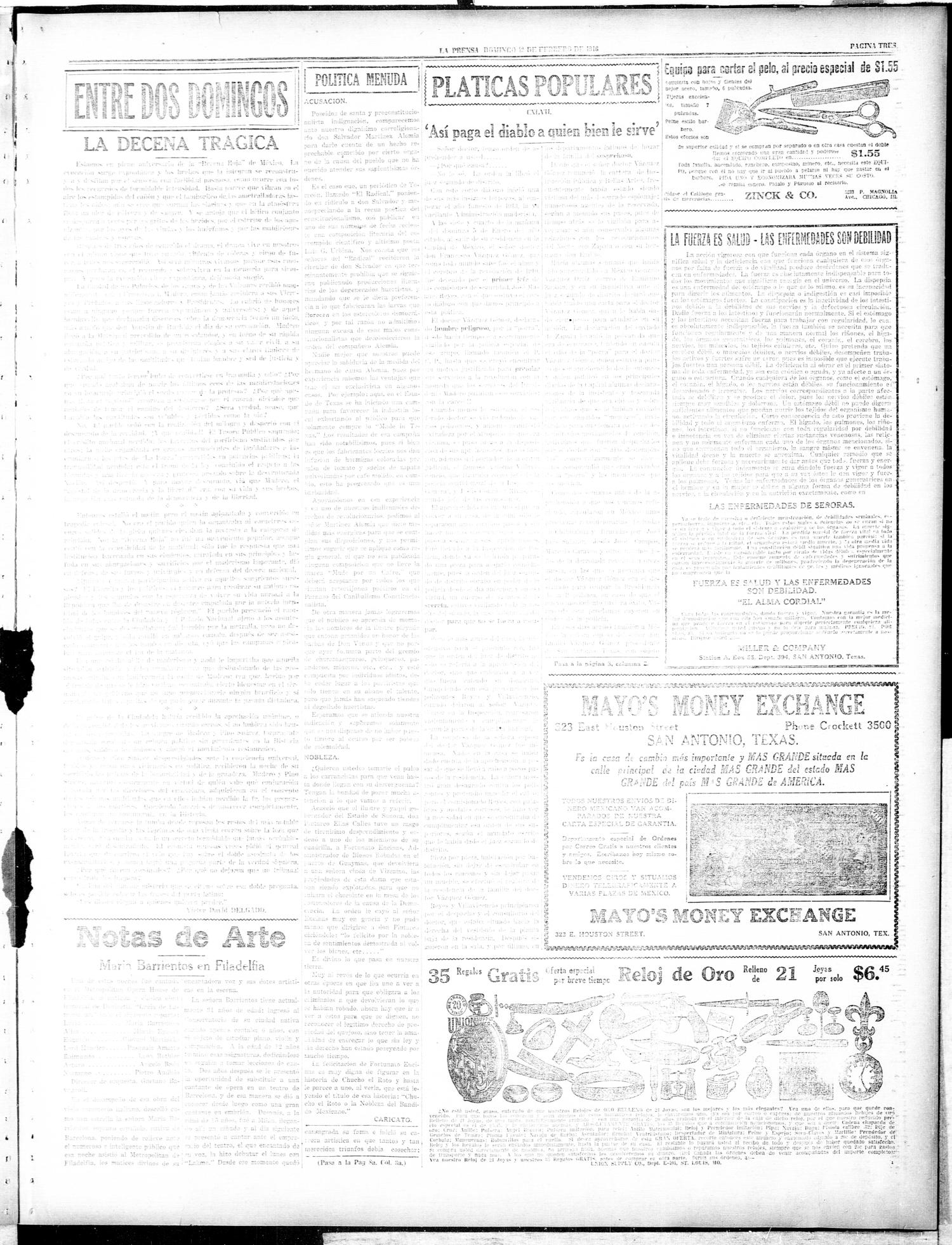 La Prensa (San Antonio, Tex.), Vol. 4, No. 461, Ed. 1 Sunday, February 13, 1916
                                                
                                                    [Sequence #]: 3 of 8
                                                