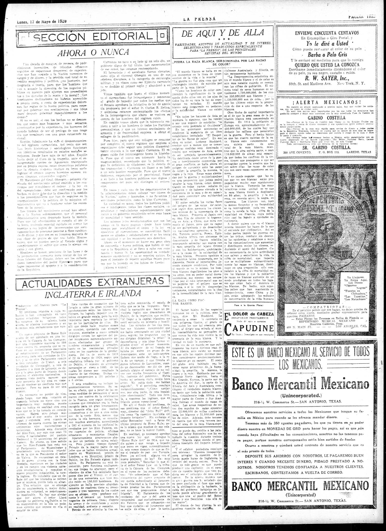 La Prensa (San Antonio, Tex.), Vol. 7, No. 1873, Ed. 1 Monday, May 17, 1920
                                                
                                                    [Sequence #]: 3 of 8
                                                