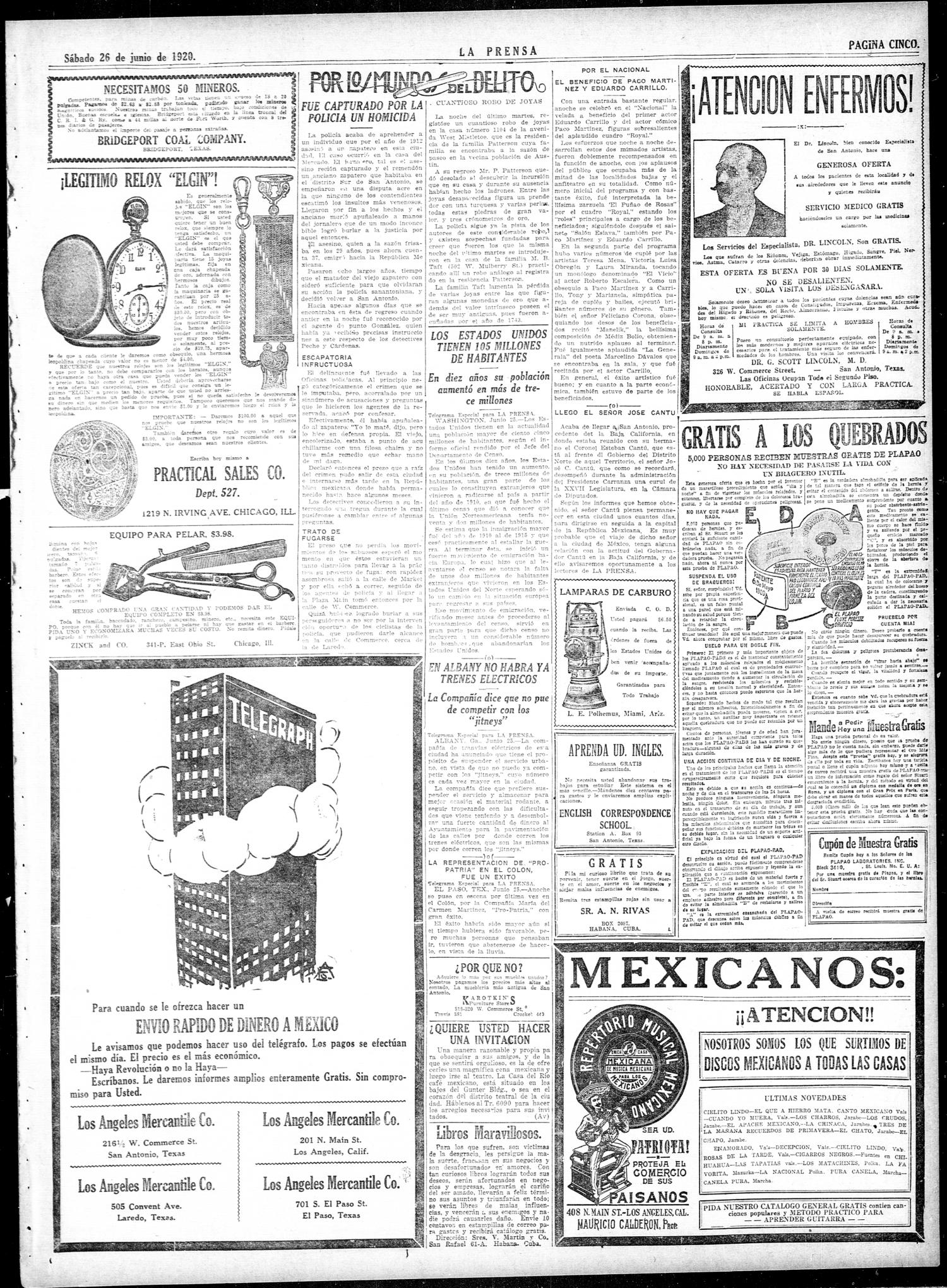 La Prensa (San Antonio, Tex.), Vol. 7, No. 1910, Ed. 1 Saturday, June 26, 1920
                                                
                                                    [Sequence #]: 5 of 8
                                                