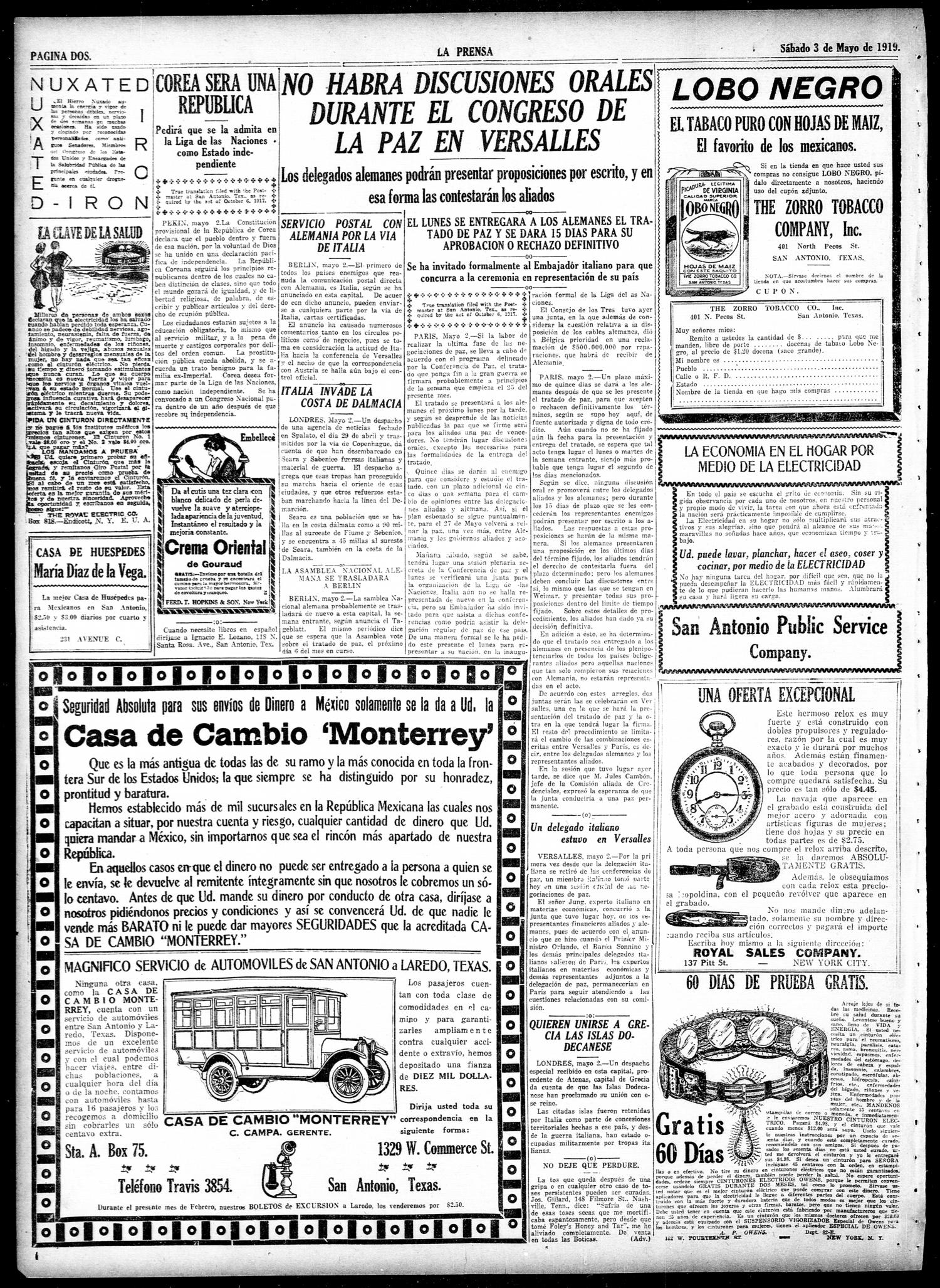 La Prensa (San Antonio, Tex.), Vol. 6, No. 1546, Ed. 1 Saturday, May 3, 1919
                                                
                                                    [Sequence #]: 2 of 8
                                                