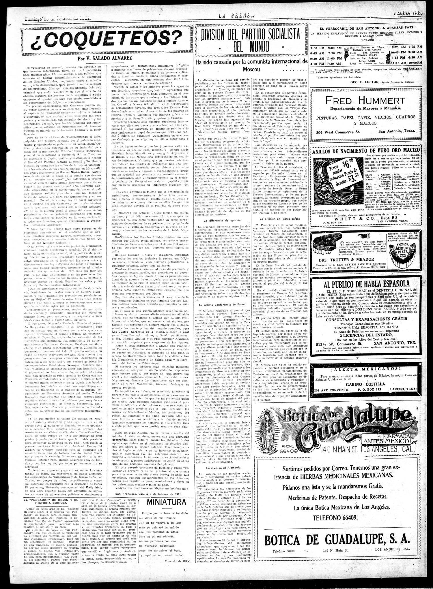 La Prensa (San Antonio, Tex.), Vol. 7, No. 2,138, Ed. 1 Sunday, February 13, 1921
                                                
                                                    [Sequence #]: 3 of 16
                                                