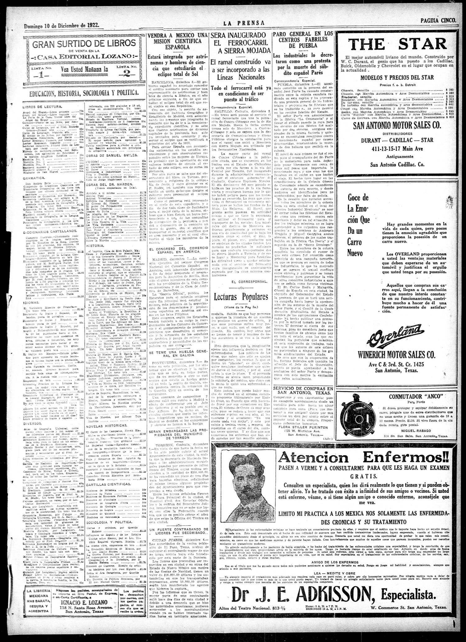 La Prensa (San Antonio, Tex.), Vol. 10, No. 298, Ed. 1 Sunday, December 10, 1922
                                                
                                                    [Sequence #]: 5 of 20
                                                