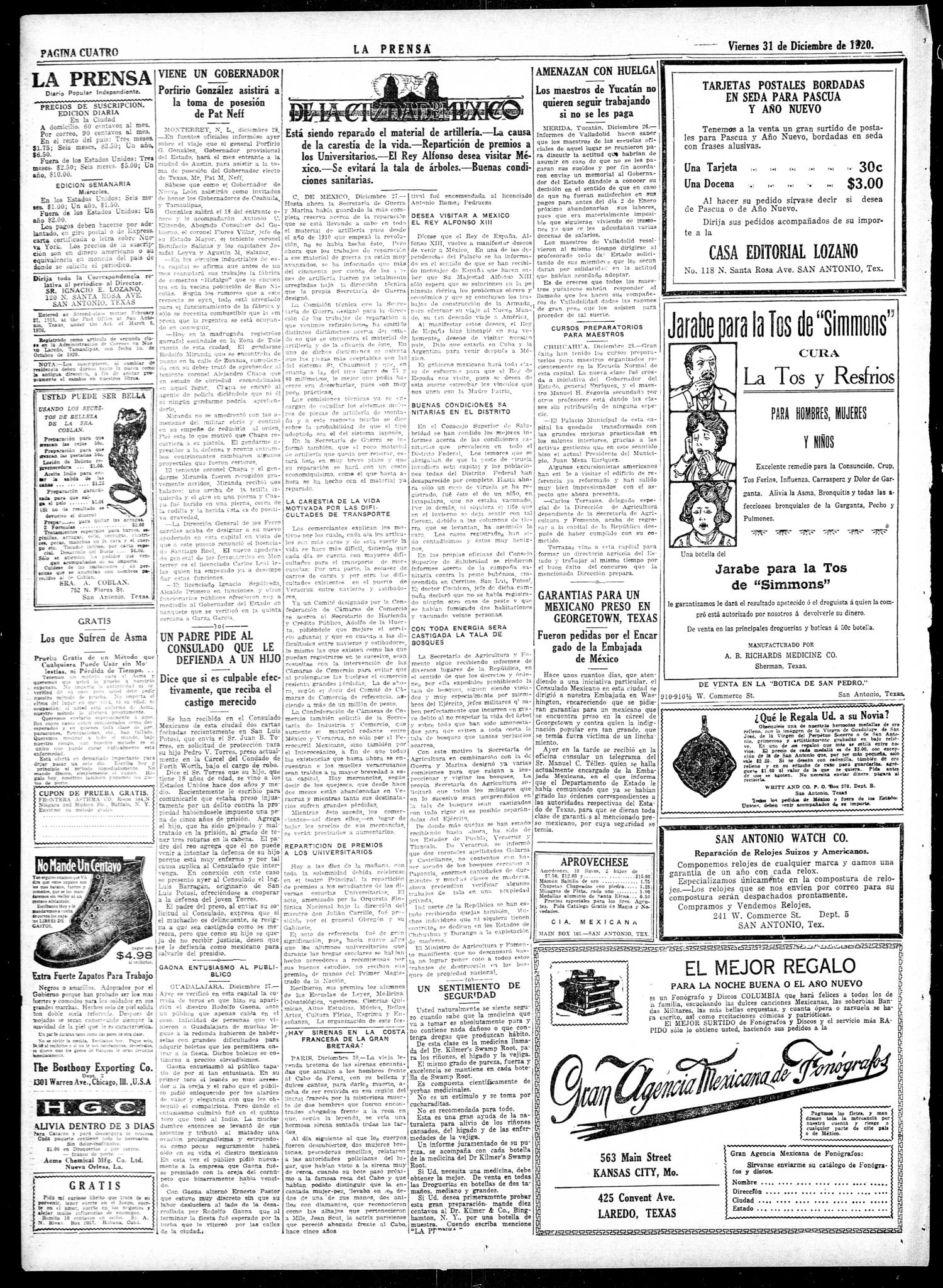 La Prensa (San Antonio, Tex.), Vol. 7, No. 2,094, Ed. 1 Friday, December 31, 1920
                                                
                                                    [Sequence #]: 4 of 8
                                                