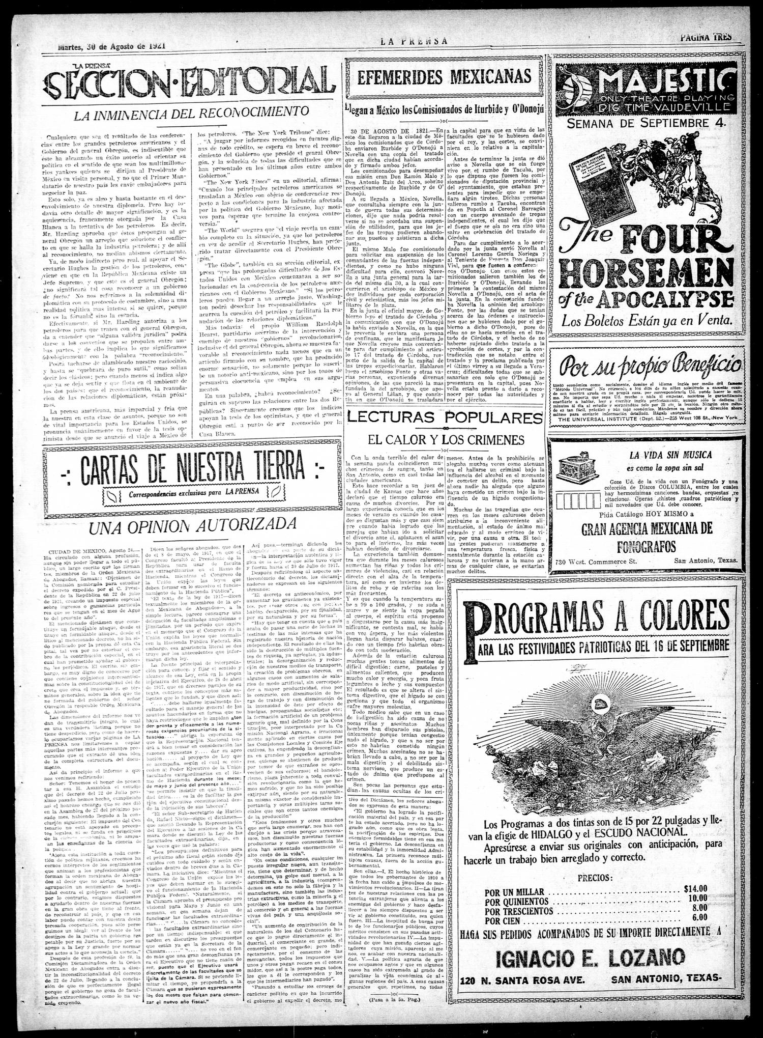 La Prensa (San Antonio, Tex.), Vol. 8, No. 2,334, Ed. 1 Tuesday, August 30, 1921
                                                
                                                    [Sequence #]: 3 of 8
                                                