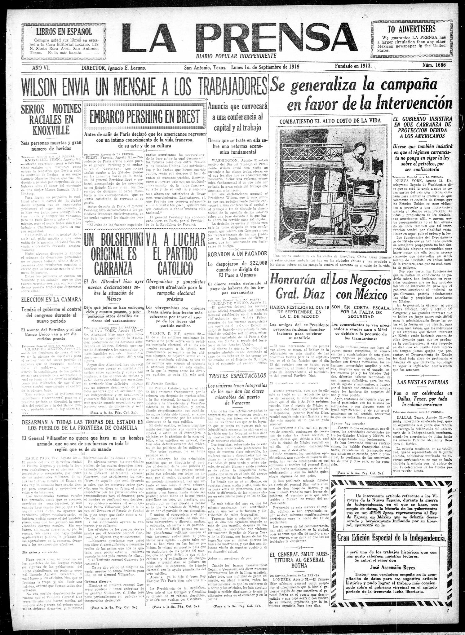 La Prensa (San Antonio, Tex.), Vol. 6, No. 1666, Ed. 1 Monday, September 1, 1919
                                                
                                                    [Sequence #]: 1 of 8
                                                