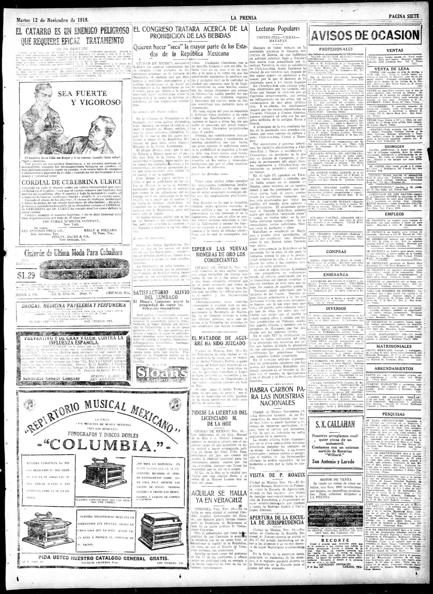 La Prensa (San Antonio, Tex.), Vol. 6, No. 1375, Ed. 1 Tuesday, November 12, 1918
                                                
                                                    [Sequence #]: 7 of 8
                                                