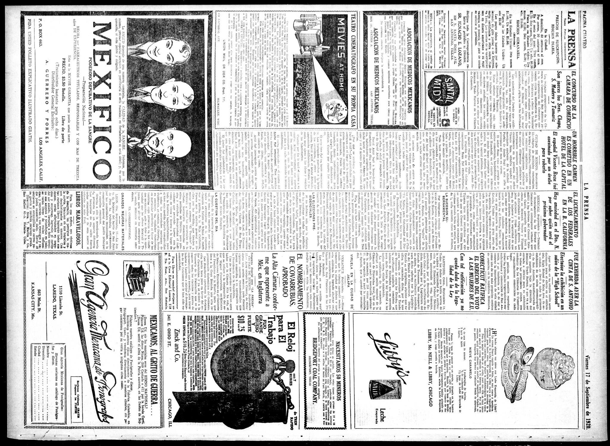 La Prensa (San Antonio, Tex.), Vol. 7, No. 1989, Ed. 1 Friday, September 17, 1920
                                                
                                                    [Sequence #]: 4 of 8
                                                