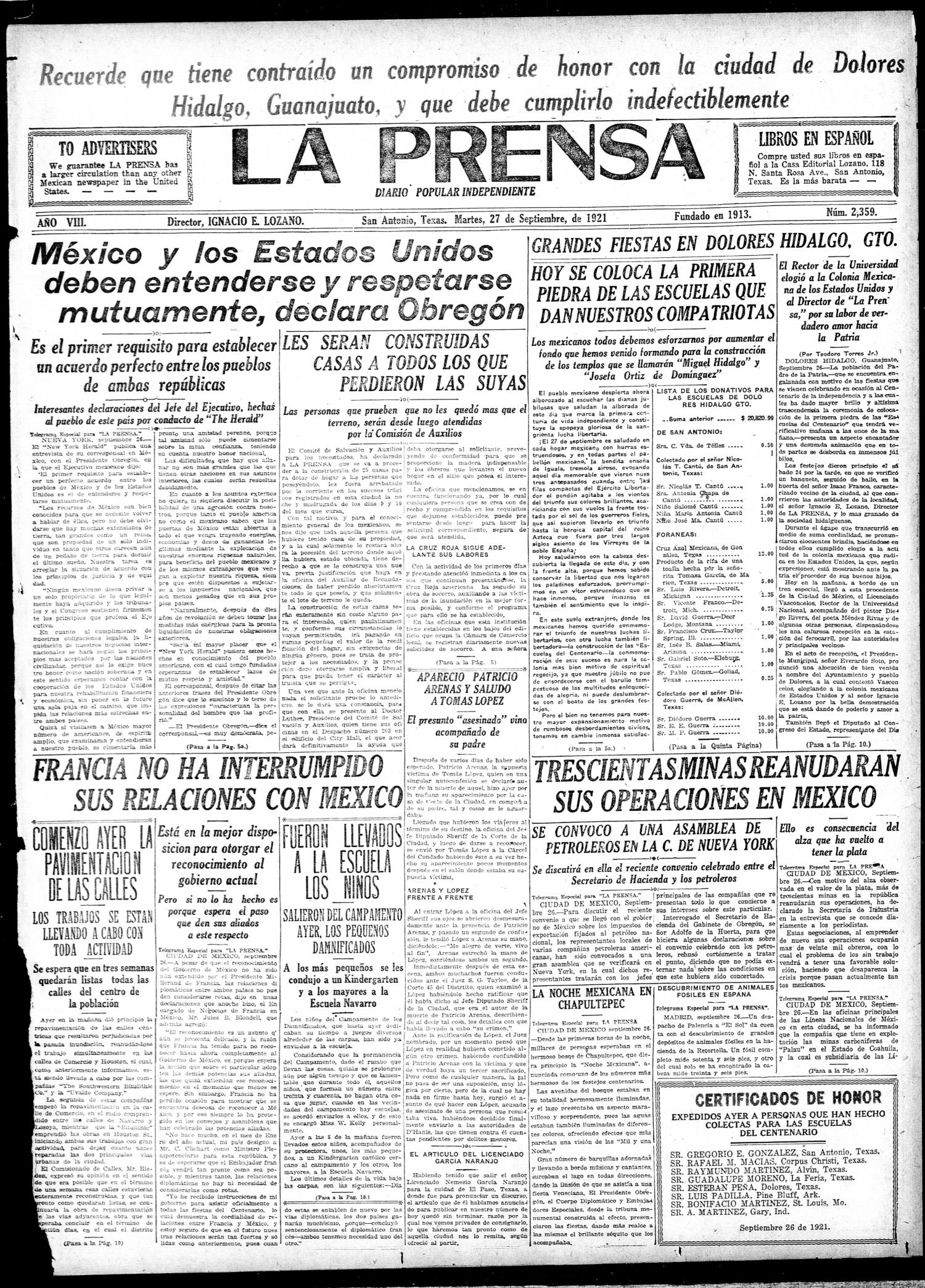 La Prensa (San Antonio, Tex.), Vol. 8, No. 2,359, Ed. 1 Tuesday, September 27, 1921
                                                
                                                    [Sequence #]: 1 of 12
                                                