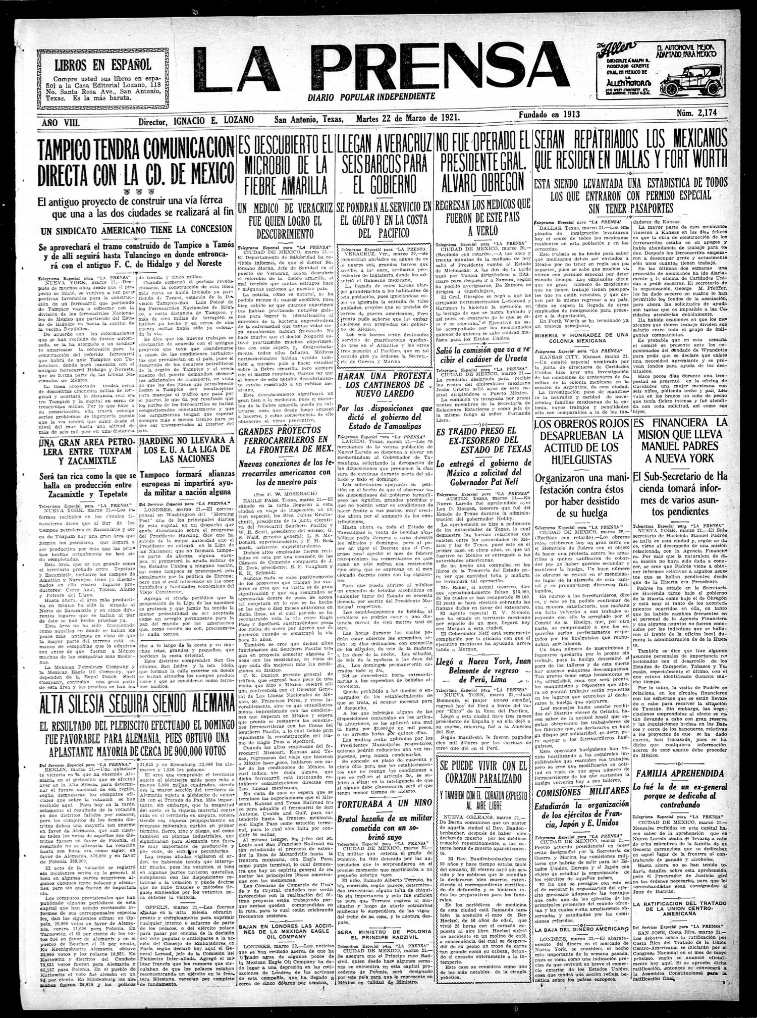 La Prensa (San Antonio, Tex.), Vol. 8, No. 2,174, Ed. 1 Tuesday, March 22, 1921
                                                
                                                    [Sequence #]: 1 of 8
                                                