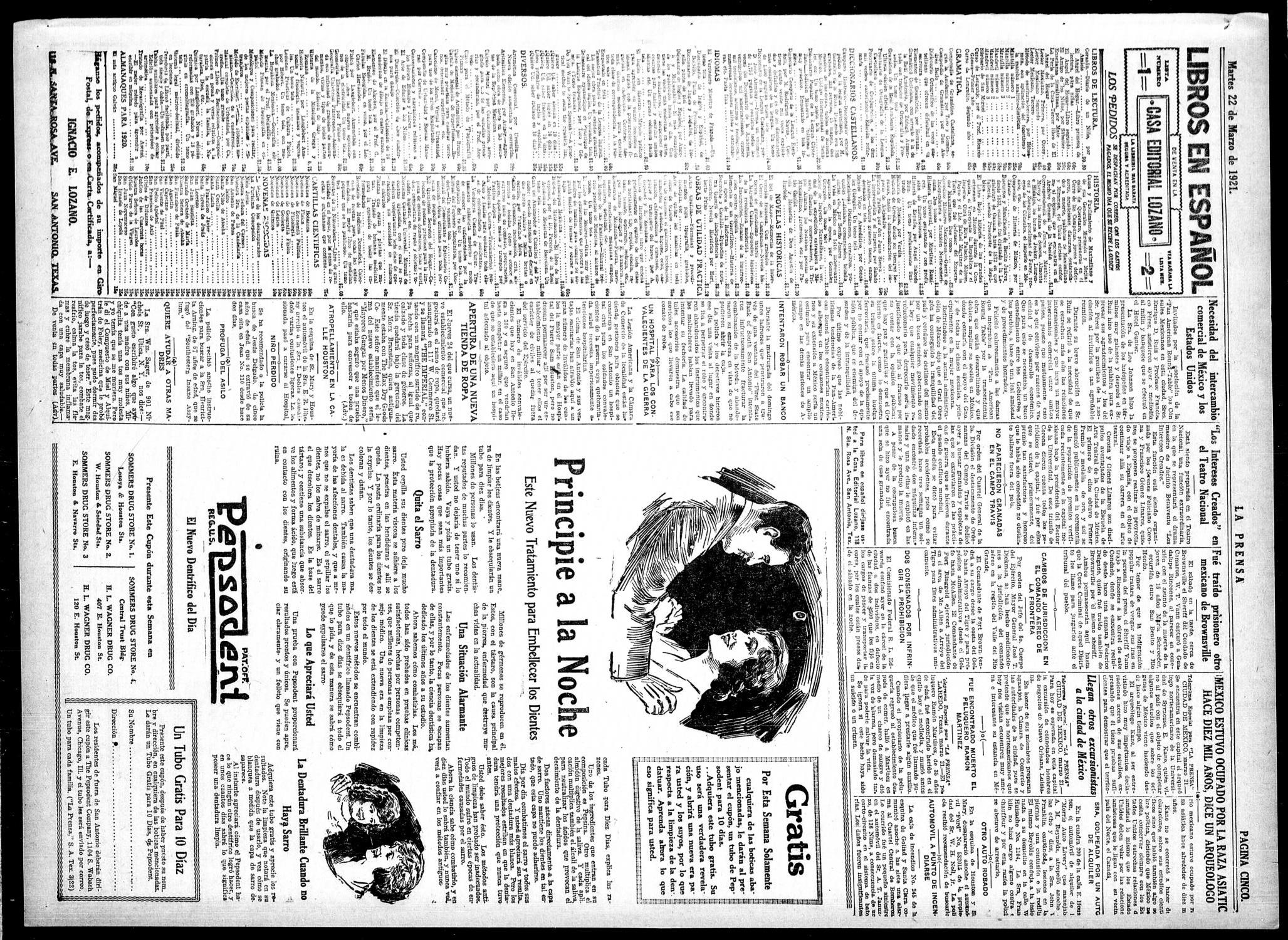 La Prensa (San Antonio, Tex.), Vol. 8, No. 2,174, Ed. 1 Tuesday, March 22, 1921
                                                
                                                    [Sequence #]: 5 of 8
                                                