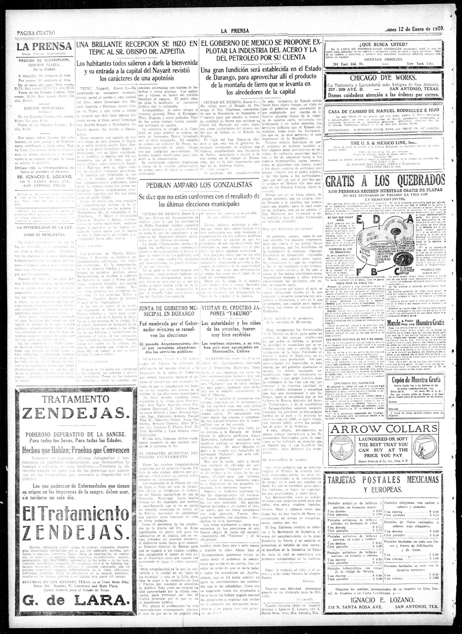 La Prensa San Antonio Tex Vol 6 No 1797 Ed 1 Monday January 12 19 Page 4 Of 8 The Portal To Texas History
