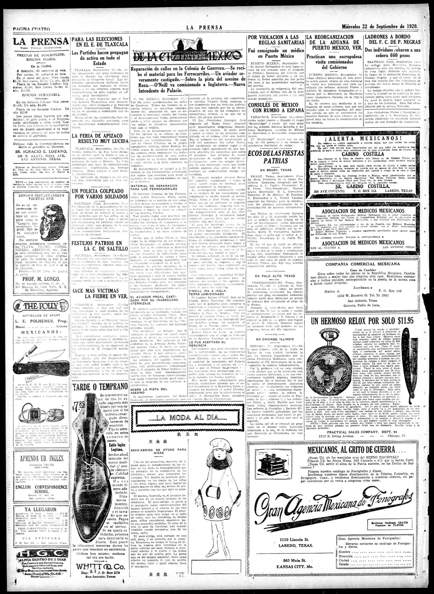 La Prensa (San Antonio, Tex.), Vol. 7, No. 1994, Ed. 1 Wednesday, September 22, 1920
                                                
                                                    [Sequence #]: 4 of 8
                                                