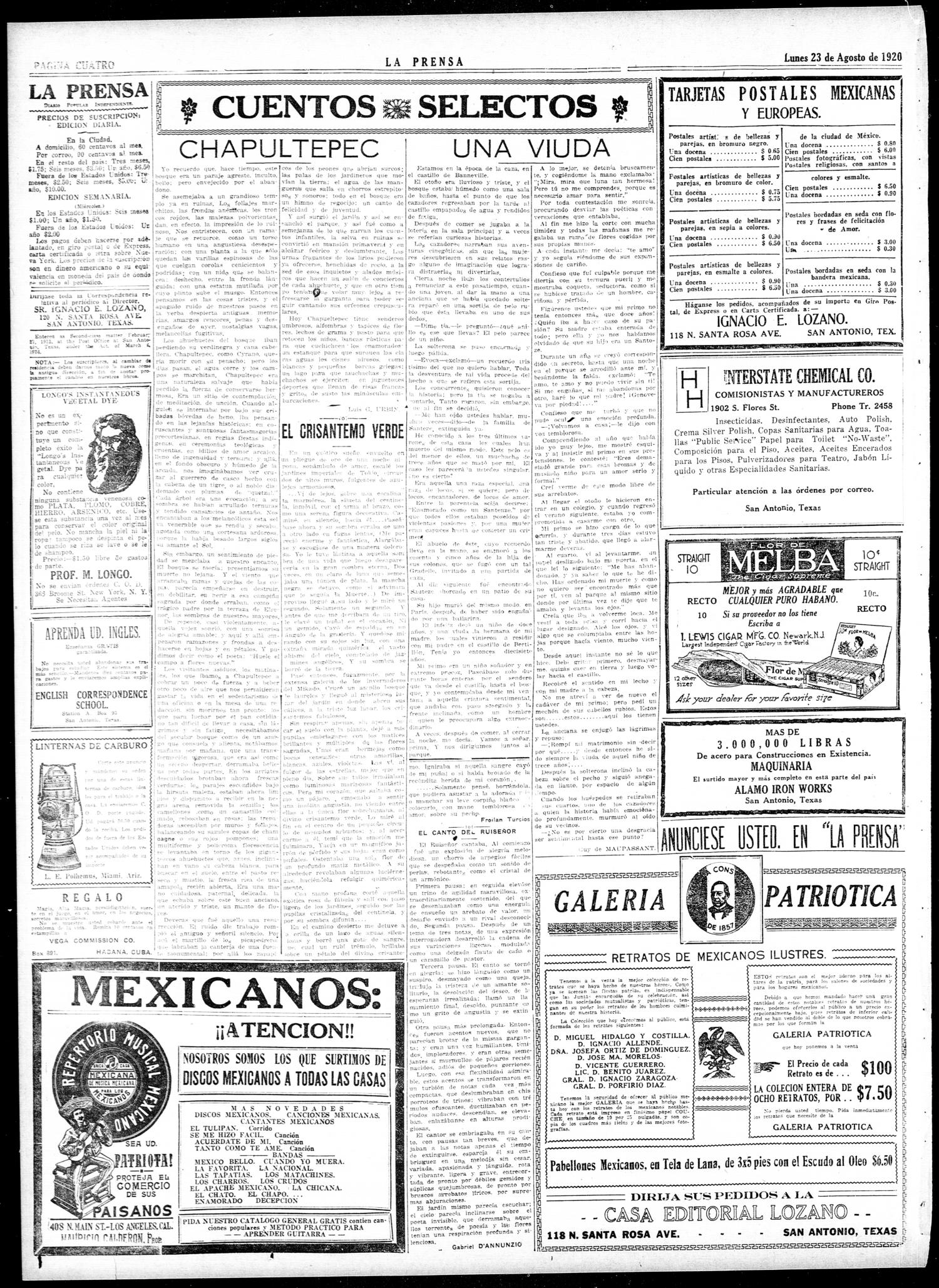 La Prensa (San Antonio, Tex.), Vol. 7, No. 1964, Ed. 1 Monday, August 23, 1920
                                                
                                                    [Sequence #]: 4 of 8
                                                