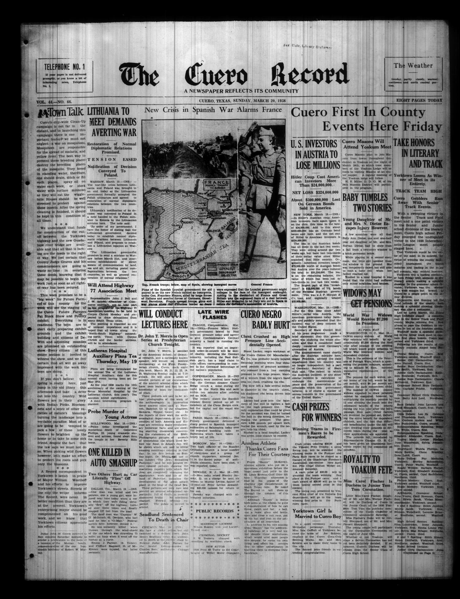 The Cuero Record (Cuero, Tex.), Vol. 44, No. 66, Ed. 1 Sunday, March 20, 1938
                                                
                                                    [Sequence #]: 1 of 8
                                                