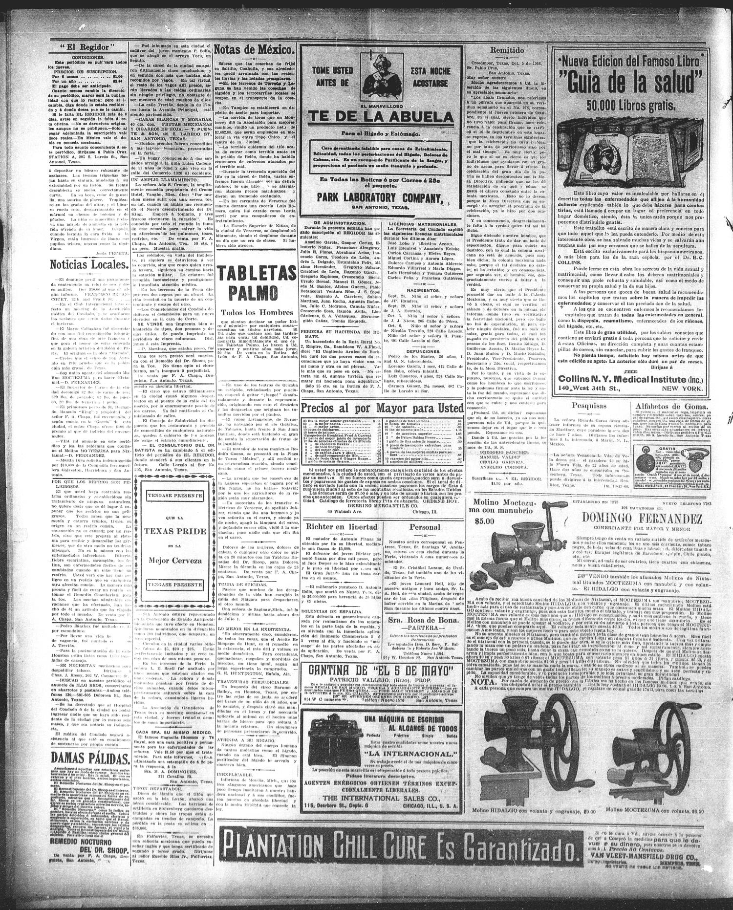 El Regidor San Antonio Tex Vol 21 No 980 Ed 1 Thursday October 15 1908 Page 2 Of 4 The Portal To Texas History