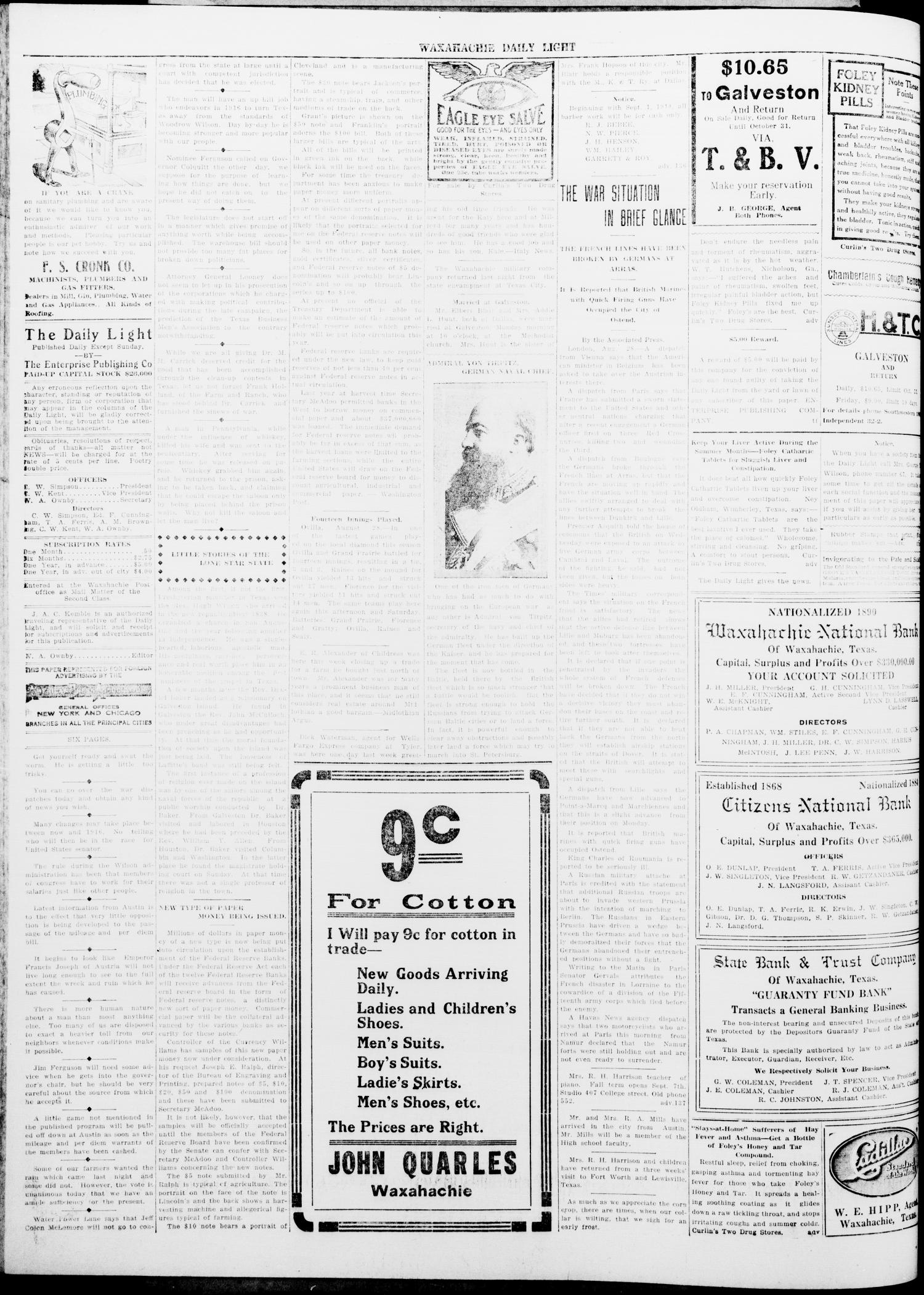 Waxahachie Daily Light (Waxahachie, Tex.), Vol. 22, No. 134, Ed. 1 Friday, August 28, 1914
                                                
                                                    [Sequence #]: 4 of 6
                                                