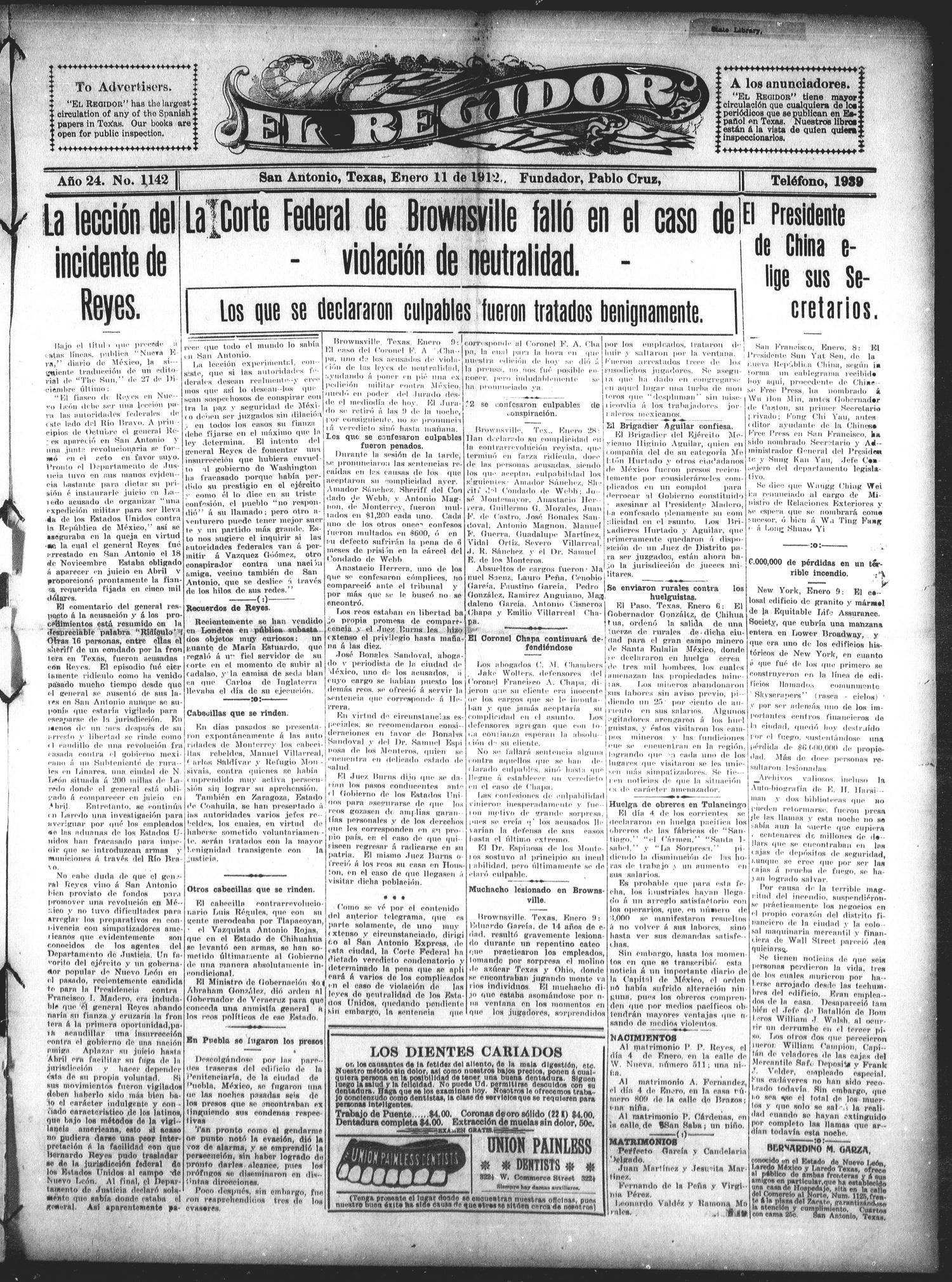 El Regidor (San Antonio, Tex.), Vol. 24, No. 1142, Ed. 1 Thursday, January 11, 1912
                                                
                                                    [Sequence #]: 1 of 8
                                                