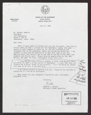 Primary view of object titled '[Letter from Deborah L. Green to Herbert Robbins, June 12, 1986]'.