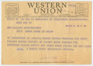 Primary view of object titled '[Telegram from Ethel A. Sheehy to Mrs. Millard Christenson]'.