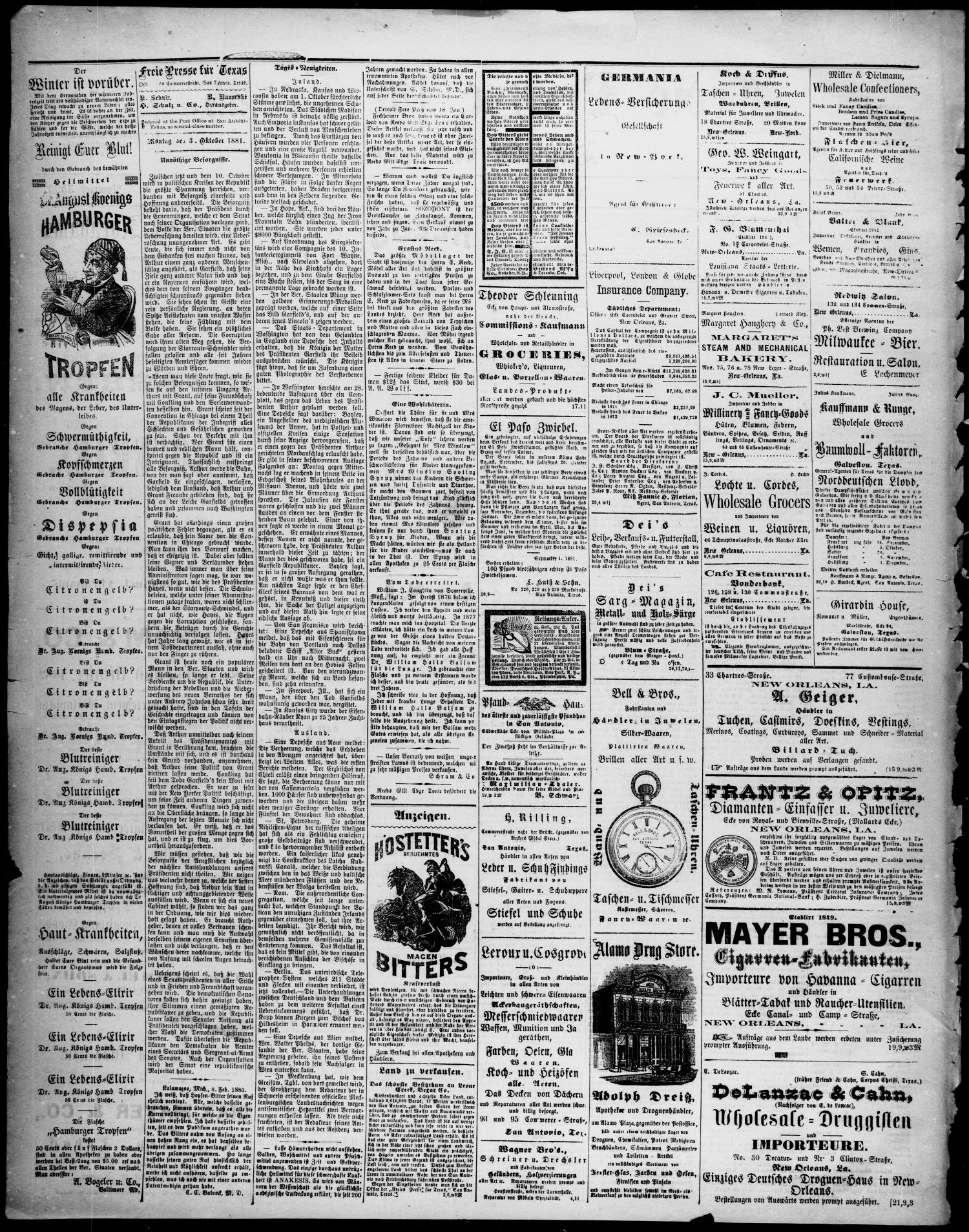 Freie Presse für Texas. (San Antonio, Tex.), Vol. 17, No. 3595, Ed. 1 Monday, October 3, 1881
                                                
                                                    [Sequence #]: 2 of 4
                                                