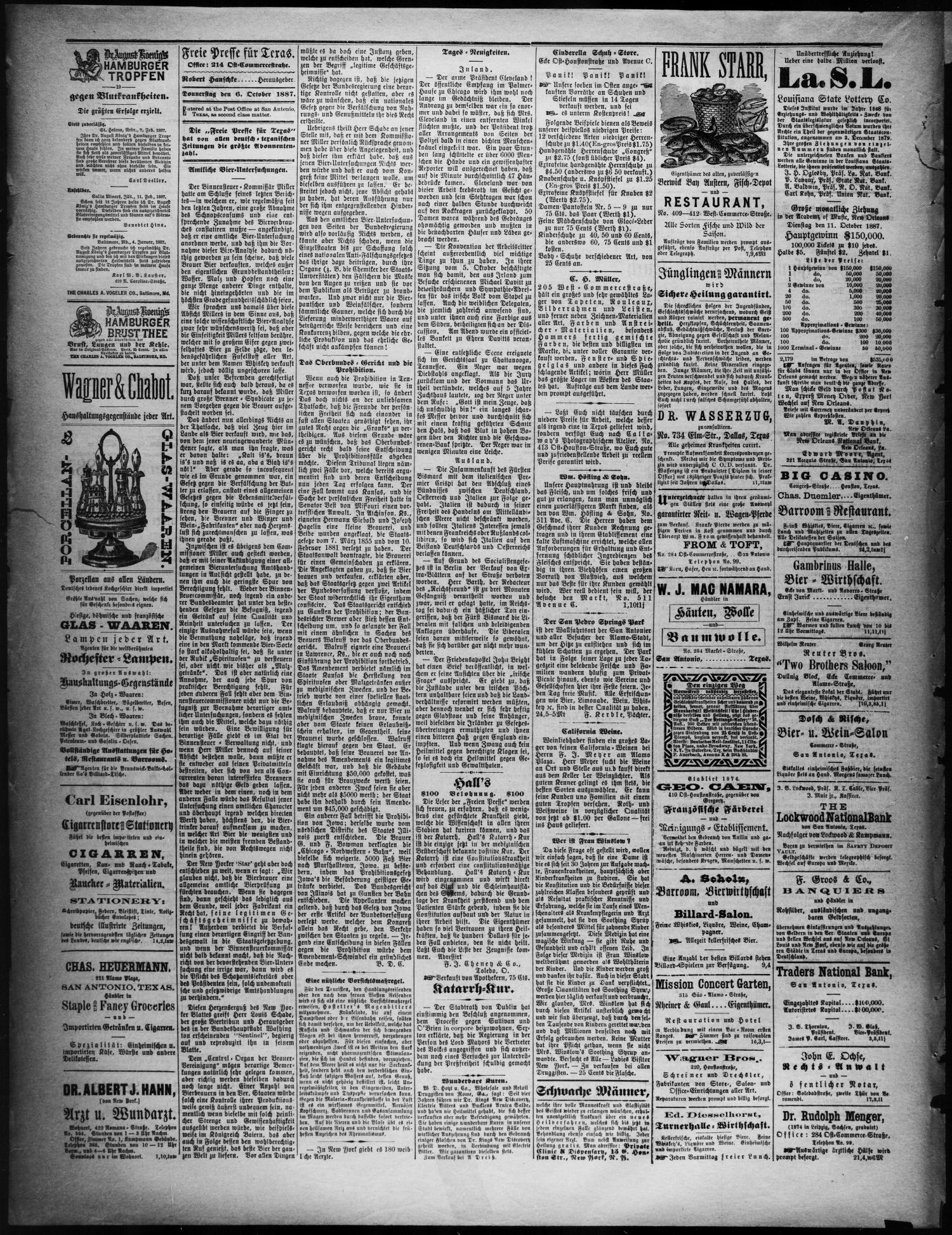 Freie Presse für Texas. (San Antonio, Tex.), Vol. 23, No. 1650, Ed. 1 Thursday, October 6, 1887
                                                
                                                    [Sequence #]: 2 of 4
                                                