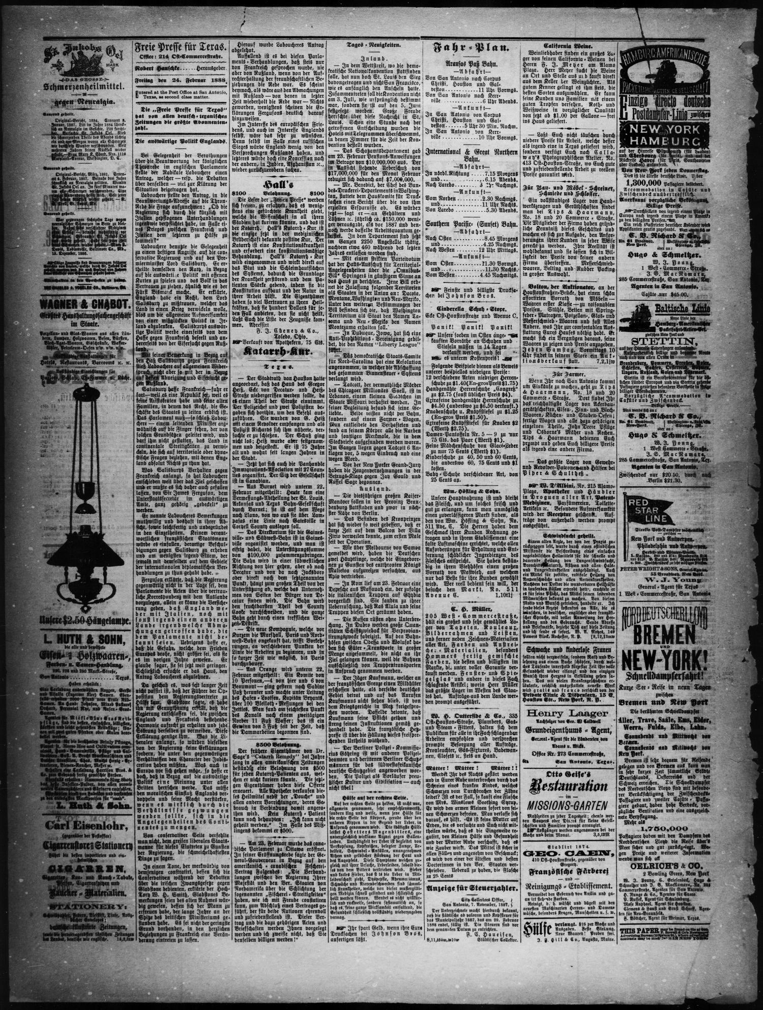 Freie Presse für Texas. (San Antonio, Tex.), Vol. 23, No. 1770, Ed. 1 Friday, February 24, 1888
                                                
                                                    [Sequence #]: 2 of 4
                                                