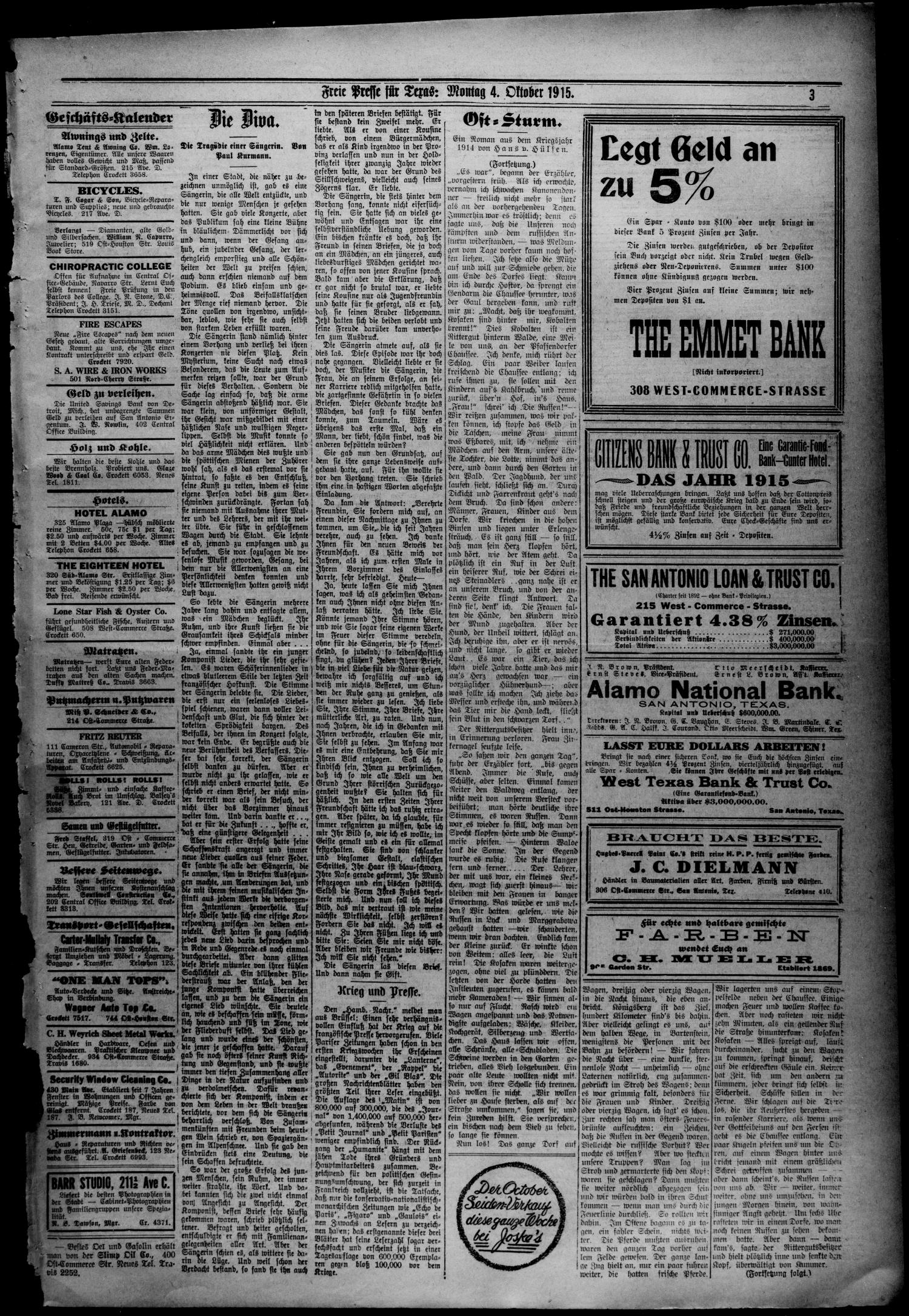 Freie Presse für Texas. (San Antonio, Tex.), Vol. 51, No. 346, Ed. 1 Monday, October 4, 1915
                                                
                                                    [Sequence #]: 3 of 4
                                                