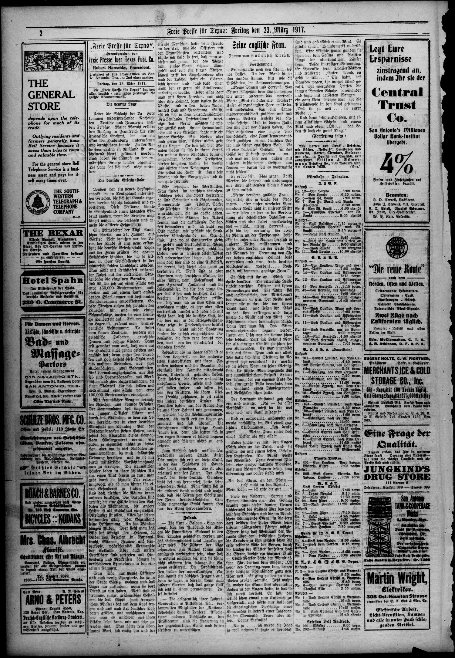 Freie Presse für Texas. (San Antonio, Tex.), Vol. 52, No. 804, Ed. 1 Friday, March 23, 1917
                                                
                                                    [Sequence #]: 2 of 4
                                                