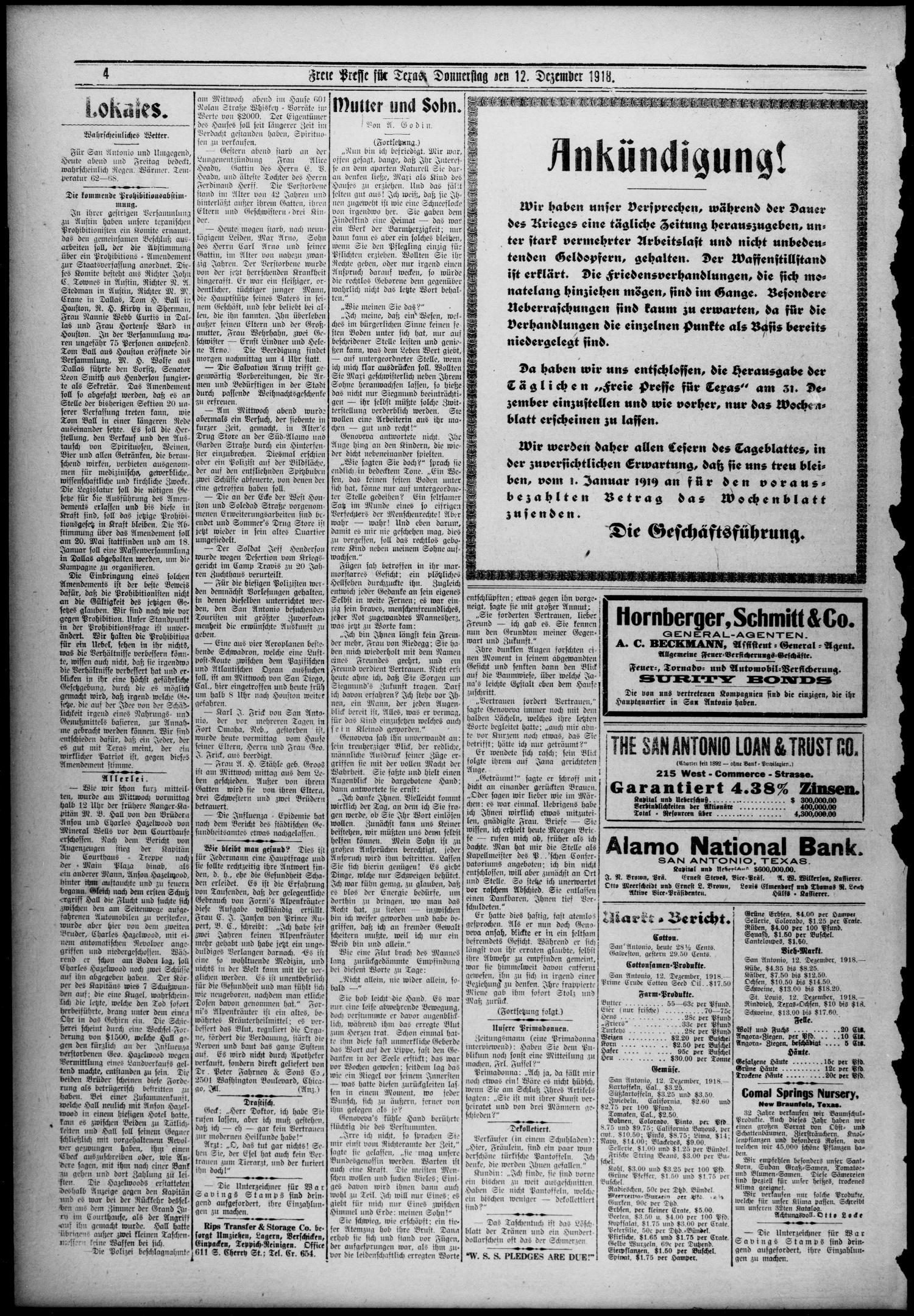 Freie Presse für Texas. (San Antonio, Tex.), Vol. 54, No. 1336, Ed. 1 Thursday, December 12, 1918
                                                
                                                    [Sequence #]: 4 of 4
                                                