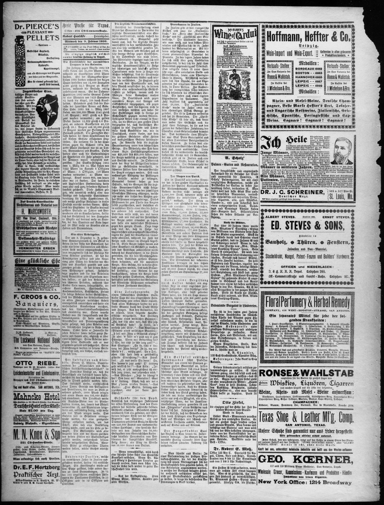 Freie Presse für Texas. (San Antonio, Tex.), Vol. 33, No. 4846, Ed. 1 Wednesday, February 9, 1898
                                                
                                                    [Sequence #]: 2 of 4
                                                