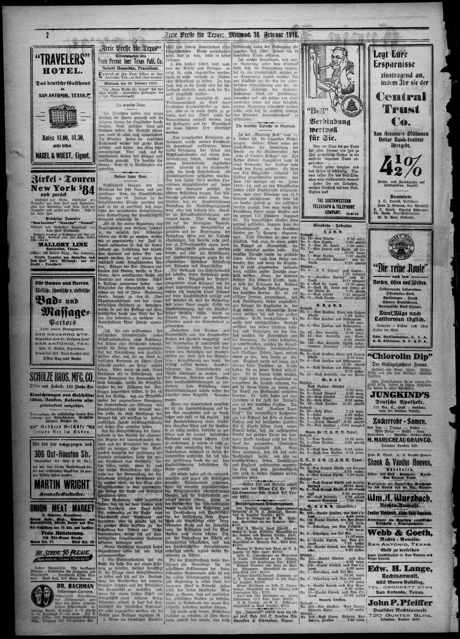 Freie Presse für Texas. (San Antonio, Tex.), Vol. 51, No. 461, Ed. 1 Wednesday, February 16, 1916
                                                
                                                    [Sequence #]: 2 of 4
                                                