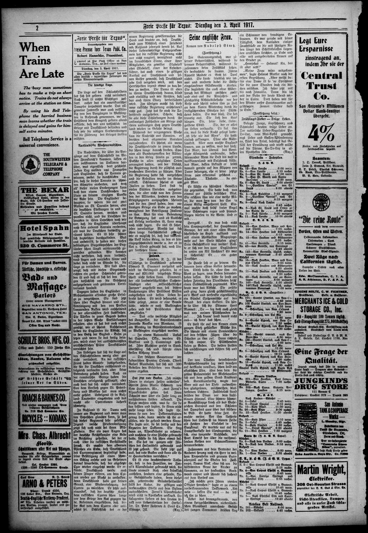 Freie Presse für Texas. (San Antonio, Tex.), Vol. 52, No. 813, Ed. 1 Tuesday, April 3, 1917
                                                
                                                    [Sequence #]: 2 of 4
                                                