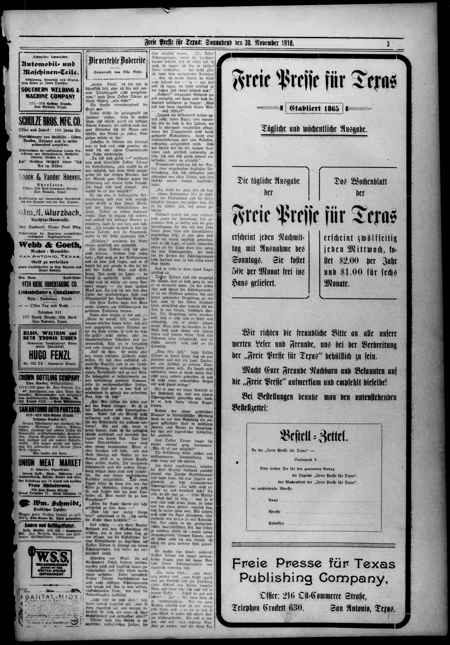 Freie Presse für Texas. (San Antonio, Tex.), Vol. 54, No. 1326, Ed. 1 Saturday, November 30, 1918
                                                
                                                    [Sequence #]: 3 of 4
                                                