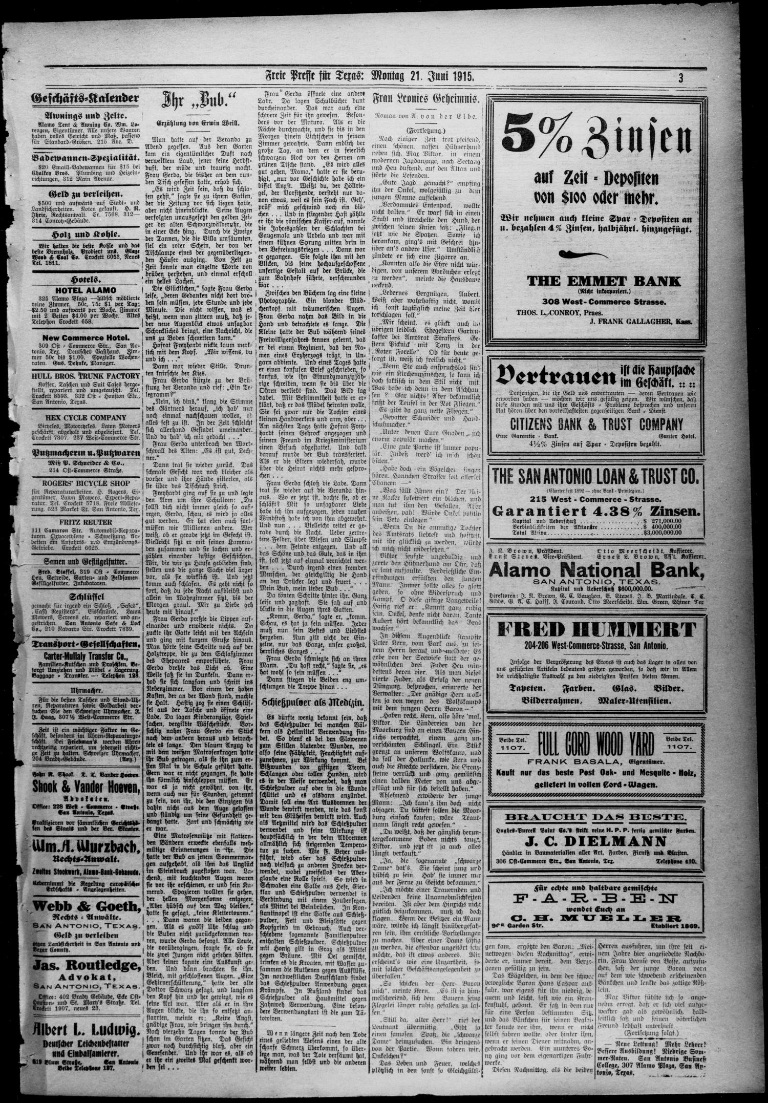 Freie Presse für Texas. (San Antonio, Tex.), Vol. 51, No. 256, Ed. 1 Monday, June 21, 1915
                                                
                                                    [Sequence #]: 3 of 4
                                                