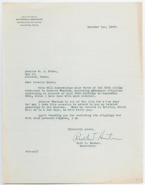 [Letter from Ruth T. Hunter to Senator W. J. Bryan, October 1, 1947]