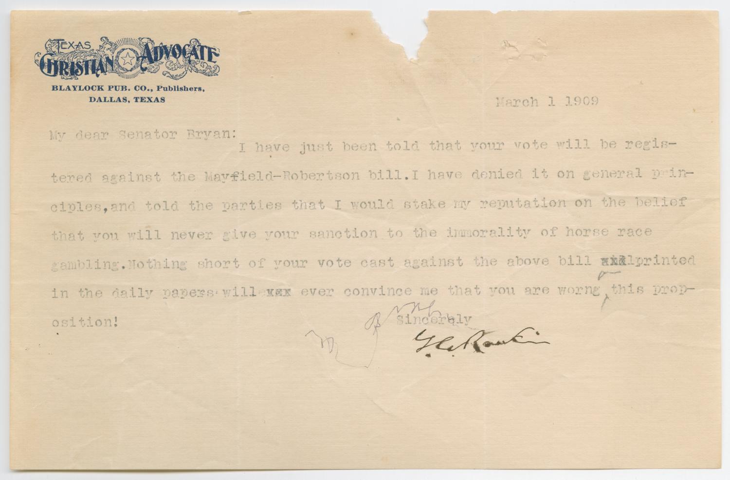 [Letter from G. C. Rank to William John Bryan, March 1, 1909]
                                                
                                                    [Sequence #]: 1 of 2
                                                