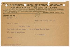 Primary view of object titled '[Telegram From B. D. Dashiell to Mrs. W. J. Bryan, August, 21, 1912]'.
