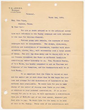 [Letter from T. N. Jones to William John Bryan, March 2, 1908]