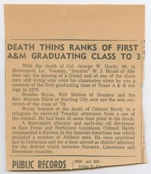 Primary view of object titled '[Clipping: Death Thins Ranks of First A&M Graduating Class to 3]'.