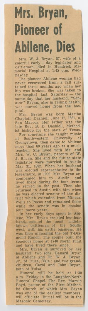 Primary view of object titled '[Clipping: Mrs. Bryan, Pioneer of Abilene, Dies]'.