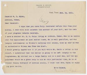 Primary view of object titled '[Letter from Frank B. Guinn to Senator W. J. Bryan, November 19, 1912]'.